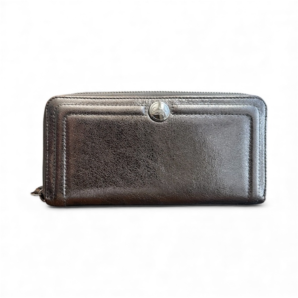 Coach silver metallic leather continental zip wallet